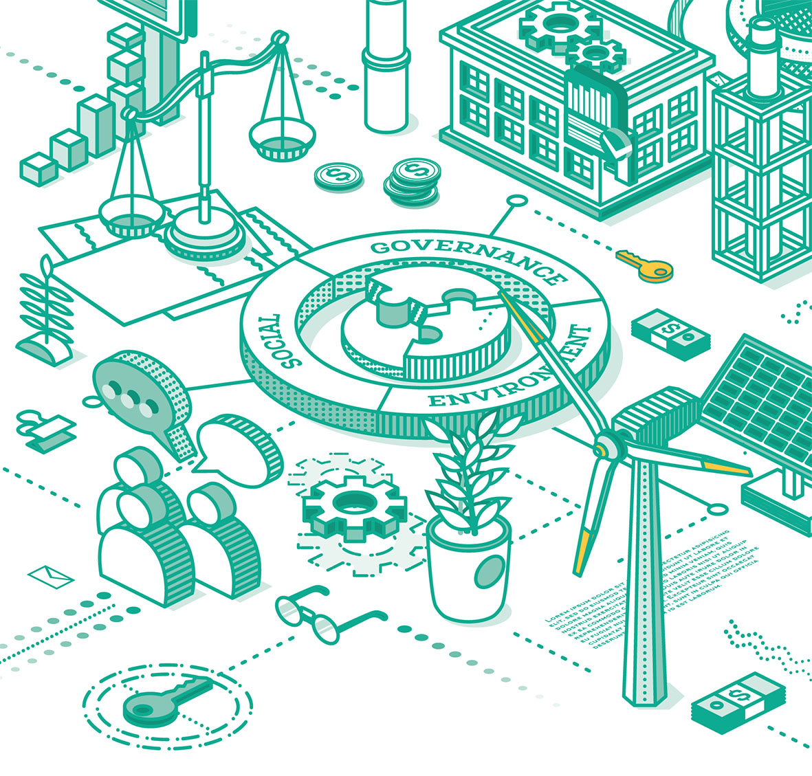 ESG Concept of Environmental, Social and Governance. Vector Illustration. Sustainable Development. Isometric Outline Concept. Green Color. Alternative Energy. Talking People.
